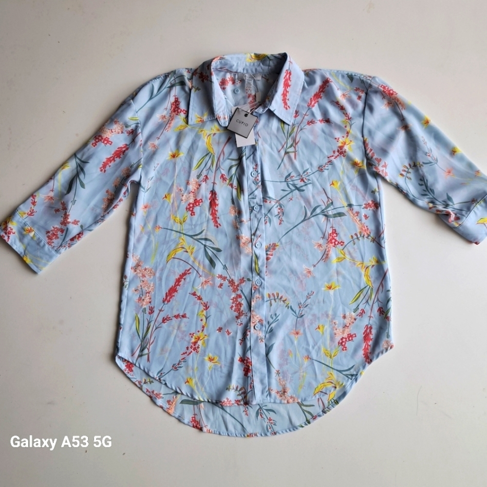 Cupio Womens Blue Floral Button Down Blouse 3/4‎ Sleeve BK1Y805 Medium NWT